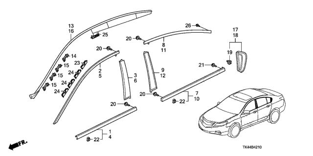 2012 Acura TL Left Front Door Sash Molding Diagram for 72465-TK4-A01