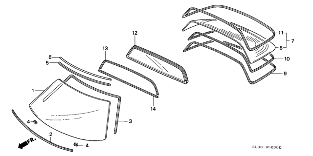 1999 Acura NSX 2 Door NSX-T KA 6MT Front Windshield Diagram