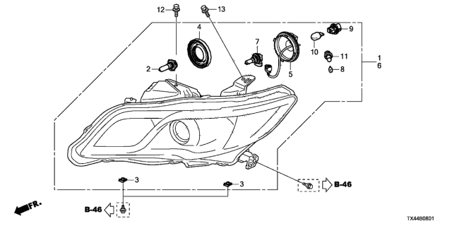 2014 Acura RDX Left Headlight Assembly Diagram for 33150-TX4-A12