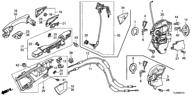 2013 Acura TSX 4 Door TECHV6 KA 5AT Front Door Locks - Outer Handle Diagram