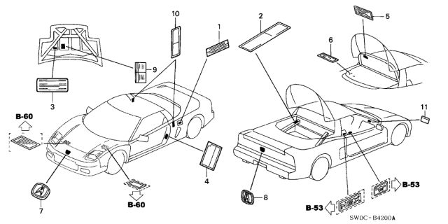 2003 Acura NSX 2 Door NSX-T KA 4AT Emblems - Caution Labels Diagram
