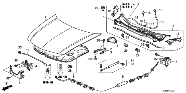 2010 Acura TSX Driver Side Hood Opener Dumper Assembly Diagram for 74195-TP1-305