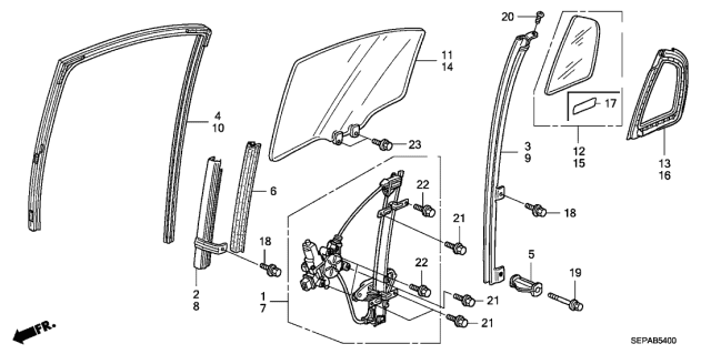 2008 Acura TL Rear Door Glass - Door Regulator Diagram