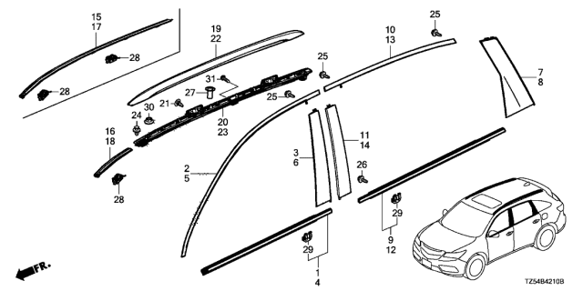 2016 Acura MDX Molding - Roof Rail Diagram