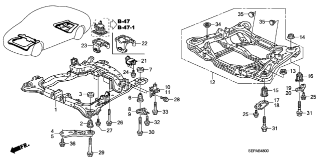 2008 Acura TL 4 Door BASE (NAVIGATION) KA 5AT Front Beam - Rear Beam Diagram