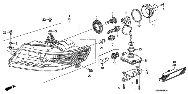 2008 Acura TL Passenger Side Headlight Assembly Composite Diagram for 33101-SEP-A22