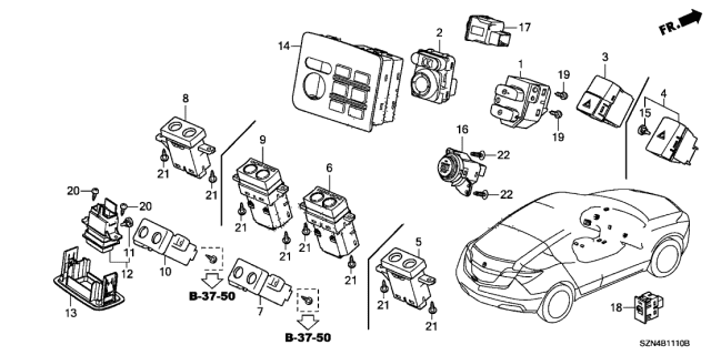 2011 Acura ZDX Switch Assembly, Hazard & Passenger Srs Indicator Diagram for 35510-SZN-A01