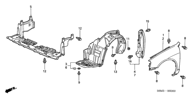 2005 Acura RSX Driver Side Front Fender Splash Shield Diagram for 74150-S6M-J00