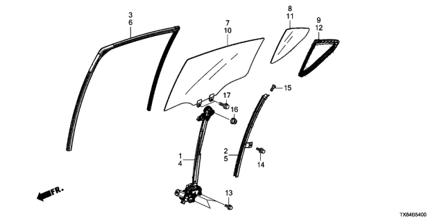 2013 Acura ILX 4 Door 20TECH KA 5AT Rear Door Glass - Door Regulator Diagram
