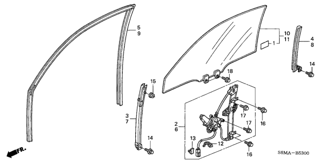 2006 Acura RSX Front Passenger Right Door Glass Window Diagram for 73300-S6M-010