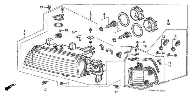 1993 Acura Legend Left Headlight Assembly Composite Diagram for 33150-SP0-A03
