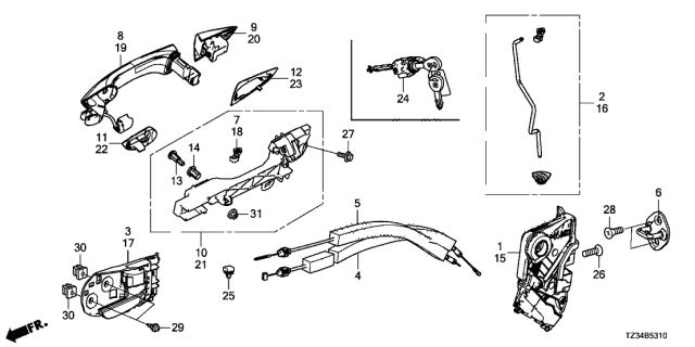 2015 Acura TLX Front Door Locks - Outer Handle Diagram