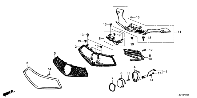 2019 Acura TLX Front Bumper Center Grille Support Diagram for 71160-TZ3-A20