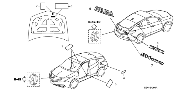 2010 Acura ZDX 5 Door TECH KA 6AT Emblems - Caution Labels Diagram