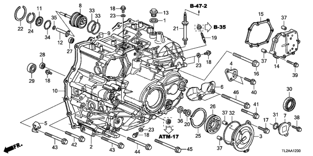 2013 Acura TSX 4 Door TSX V6 KA 5AT AT Transmission Case (V6) Diagram