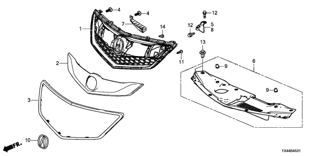 2018 Acura RDX Molding Front Grille Diagram for 71123-TX4-A51