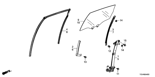 2021 Acura TLX 4 Door ADV KA XAT Rear Door Windows - Regulator Diagram