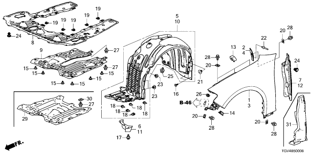 2022 Acura TLX Fender Assembly Right, Front Diagram for 74100-TGV-A11