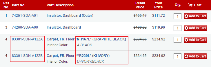 Select correct part numbers based on your Acura color codes